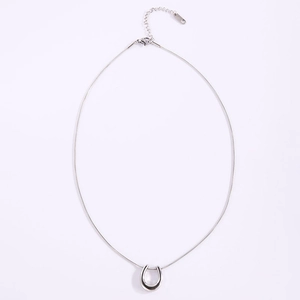Detail of silver horseshoe pendant on thin chain with secure lobster clasp and extender