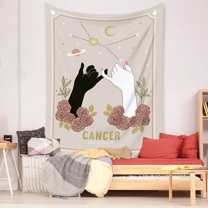 Modern bedroom wall decor featuring a Cancer zodiac tapestry in warm beige pink fabric