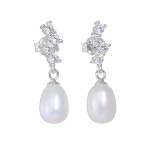 Macro view of teardrop pearl earrings with silver finish and white zircon stones