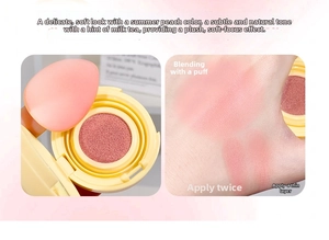 Macro detail of peach cushion blush texture with drop-shaped puff and arm swatch