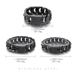 Trois largeurs de bracelets Cuban en acier noir mat avec spécifications de taille
