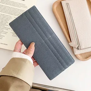 Slim lychee pattern leather card holder and wallet in fog blue with multiple slots