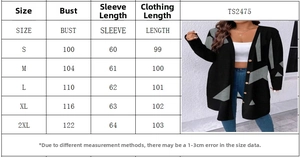 Size chart detail for women's long knitted cardigan with bust and length measurements