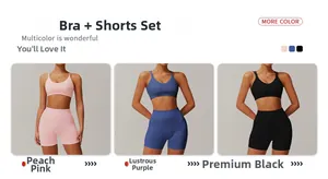 Collage of two-piece yoga set showing high-waist shorts and sports bra in various colors
