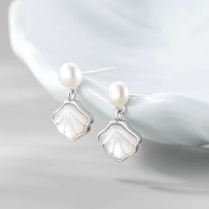Fan Shell Pearl Drop Earrings With Earring Post Copper Geometric Elegant Minimalist For Women