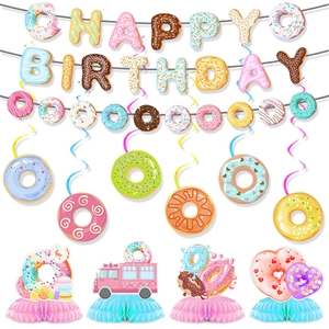 Donut Geburtstagsparty Set mit Happy Birthday Banner, Spiralen und Waben-Tischdekoration