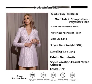 Détail de robe blazer rose avec texture de losanges pailletés et boutonnage croisé