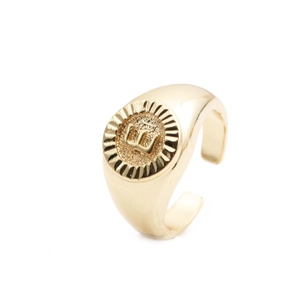Gold plated brass open ring with letter E engraving and sunburst texture detail