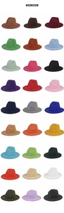 Flat brim wool fedora hats display in 27 assorted colors with metallic belt decoration