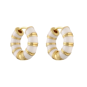 French vintage gold hoop earrings with white enamel coating and ribbed texture