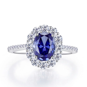 Classic Oval Created Sapphire Ring 925 Sterling Silver Halo Zircon Elegant Jewelry For Women