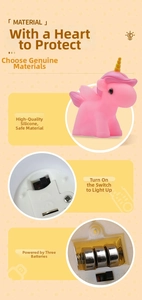 Detail of pink unicorn night light base with power switch and battery compartment