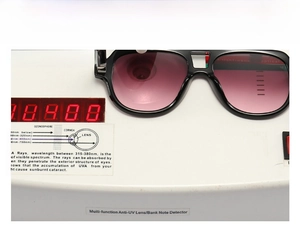 Detail shot of black chunky aviator sunglasses showing anti-UV protection test performance