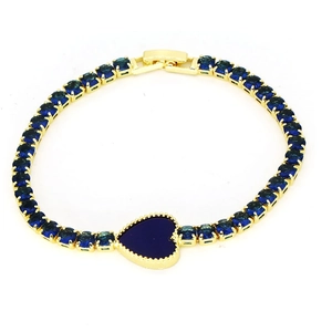 Gold plated tennis bracelet featuring navy blue zircons and a central heart-shaped pendant