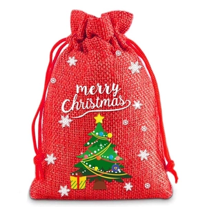 Christmas burlap gift bag in red with festive tree prints and drawstring closure