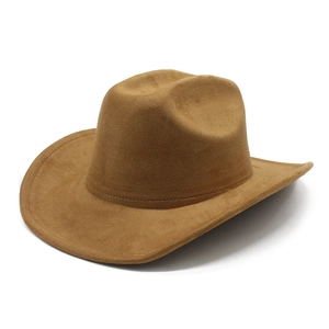 Classic dark camel western cowboy hat in faux suede with wide brim and top indentation
