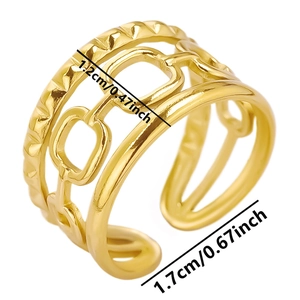 Detail of 304 stainless steel gold ring with layered hollow design and dimensions