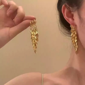 Elegant gold fringe tassel drop earrings with tiered wheat ear design for women