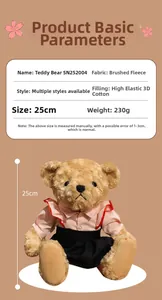 Detailed size specifications for a 25cm pink striped teddy bear plush toy doll