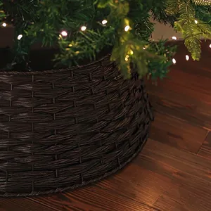 Handwoven dark brown wicker Christmas tree collar with elegant conical design and textured finish