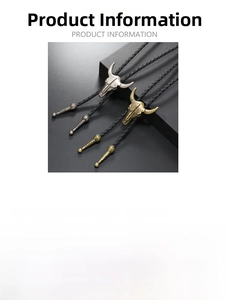Detail view showing bull horn bolo tie dimensions and PU leather rope specifications