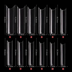 Size chart for 240 pieces extra long C-curve clear French false nail tips in box