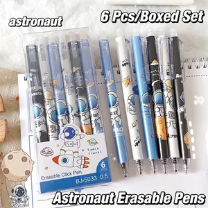 Detailed close-up of 0.5mm erasable gel pens with astronaut patterns on notebook