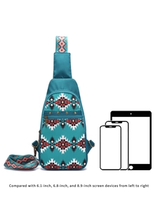 Aztec patterned crossbody chest bag showing size comparison with tablet and phone