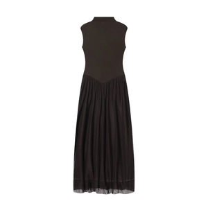 Elegant high-neck sleeveless mesh patchwork midi dress in dark brown and black