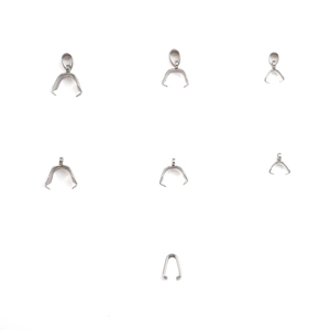 Various sizes of silver stainless steel pinch bails for DIY jewelry making pendants