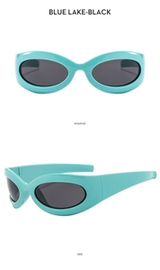 Y2K oval blue lake sunglasses with black lenses showing positive and side view details