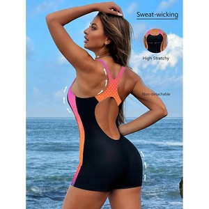 Detailed back view of a sporty one-piece swimsuit with keyhole back and fish scale print