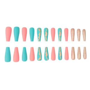 Long ballet press-on nails set with matte pink, blue, gold marble and rose gold glitter