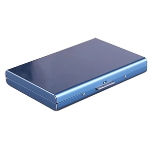 Detailed top view of the blue metallic card holder featuring a sleek rectangular flip-top design