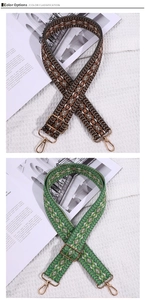 Close-up of ethnic woven bag straps with geometric patterns and gold metal buckles