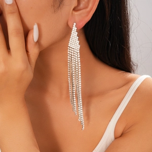 Macro detail of silver tassel earrings with sparkling rhinestones worn by a model