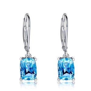 Elegant lever-back drop earrings with rectangular blue topaz gemstones in silver setting