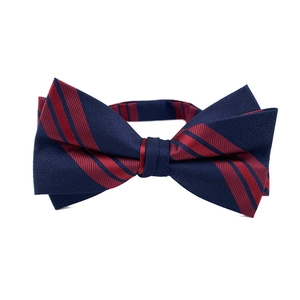 Classic dark blue men's pre-tied bowtie with red stripes and silk texture