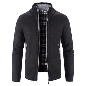 Men's black fleece-lined zip-up knit cardigan with stand collar and gray plaid lining