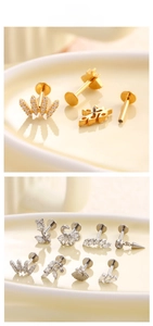 Flat back titanium labret studs with gold and silver zircon crown and leaf designs