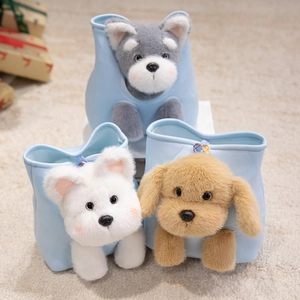 Three-piece light blue plush dog bags featuring Schnauzer, Pomeranian, and Teddy designs