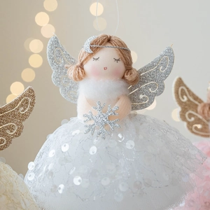 White Christmas angel doll ornament with silver wings and sequins for tree decoration