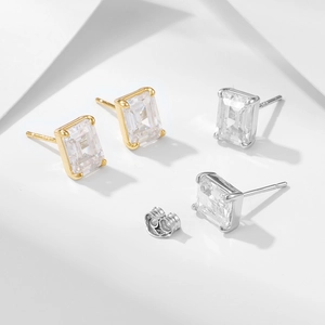 Minimalist S925 sterling silver square zircon stud earrings in gold and silver finish
