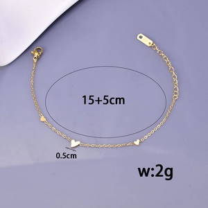 Minimalist 18K gold heart bracelet for women with three charms and 15+5cm length