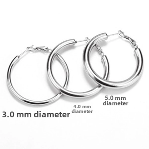 Three sizes of silver C-shape earrings with 3.0mm to 5.0mm diameters comparison
