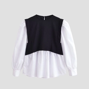 Femme Bloc De Couleur Effet Superposé Blouse Patchwork Longue Manche Lanterne Col Rond Polyester Top Plissé