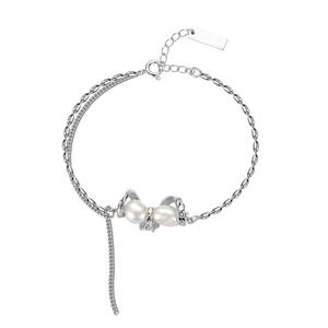 Minimalist S925 sterling silver bead bracelet with elegant white pearl bow design on white background