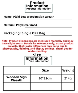 Size chart for plaid bow wooden Christmas wreath measuring 30x32cm with weight details
