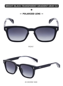 Front and side views of black polarized sunglasses with gradient grey lenses