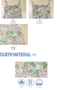 Détails de la robe d'été à fleurs montrant l'encolure, l'ourlet et la texture du tissu